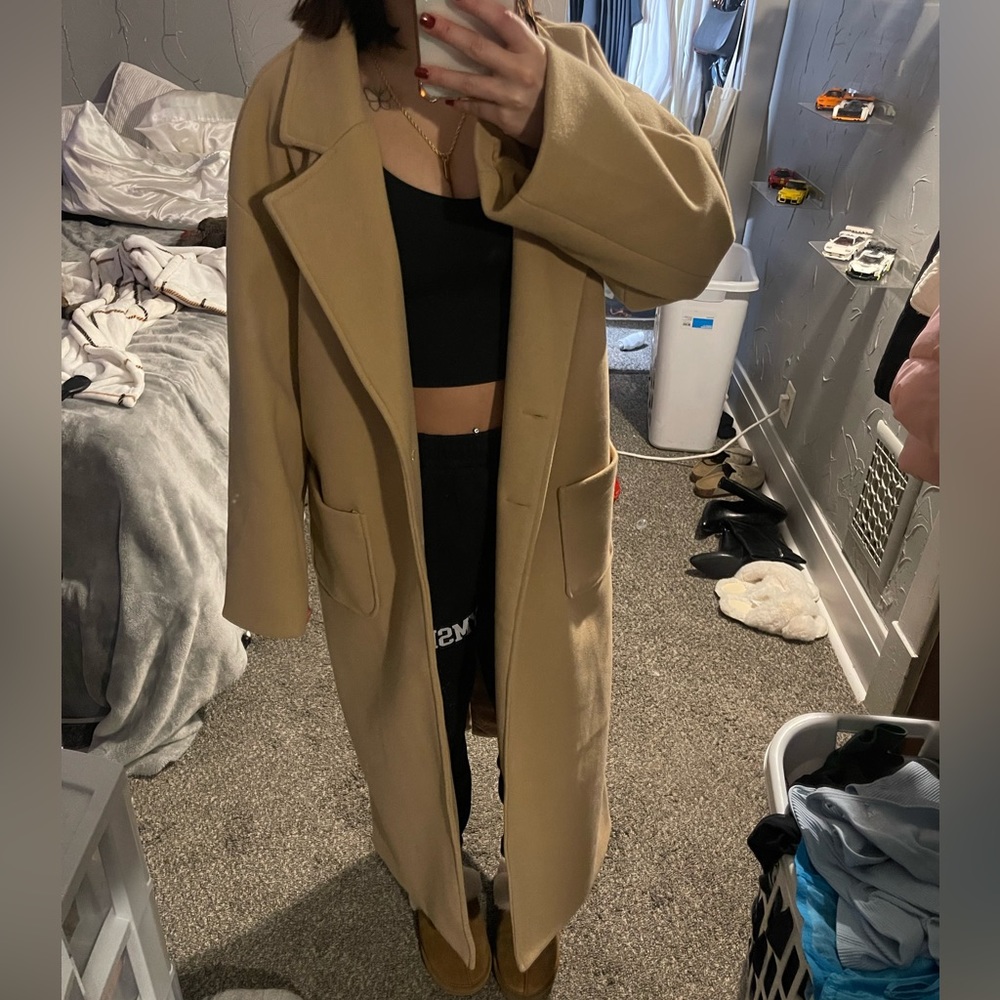 tan long trench coat